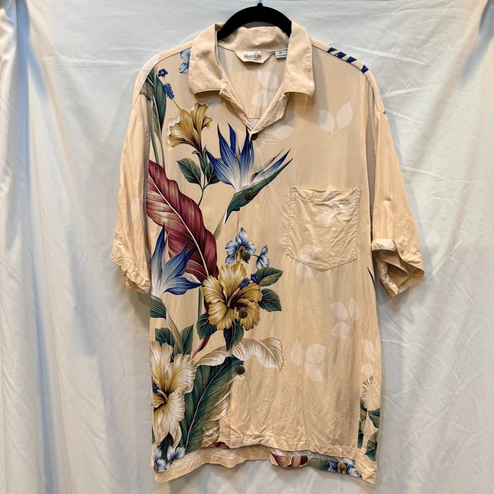 Paradise‎ Bay Mens Hawaiian Shirt M Tan Tropical Floral Bird of Paradise Rayon